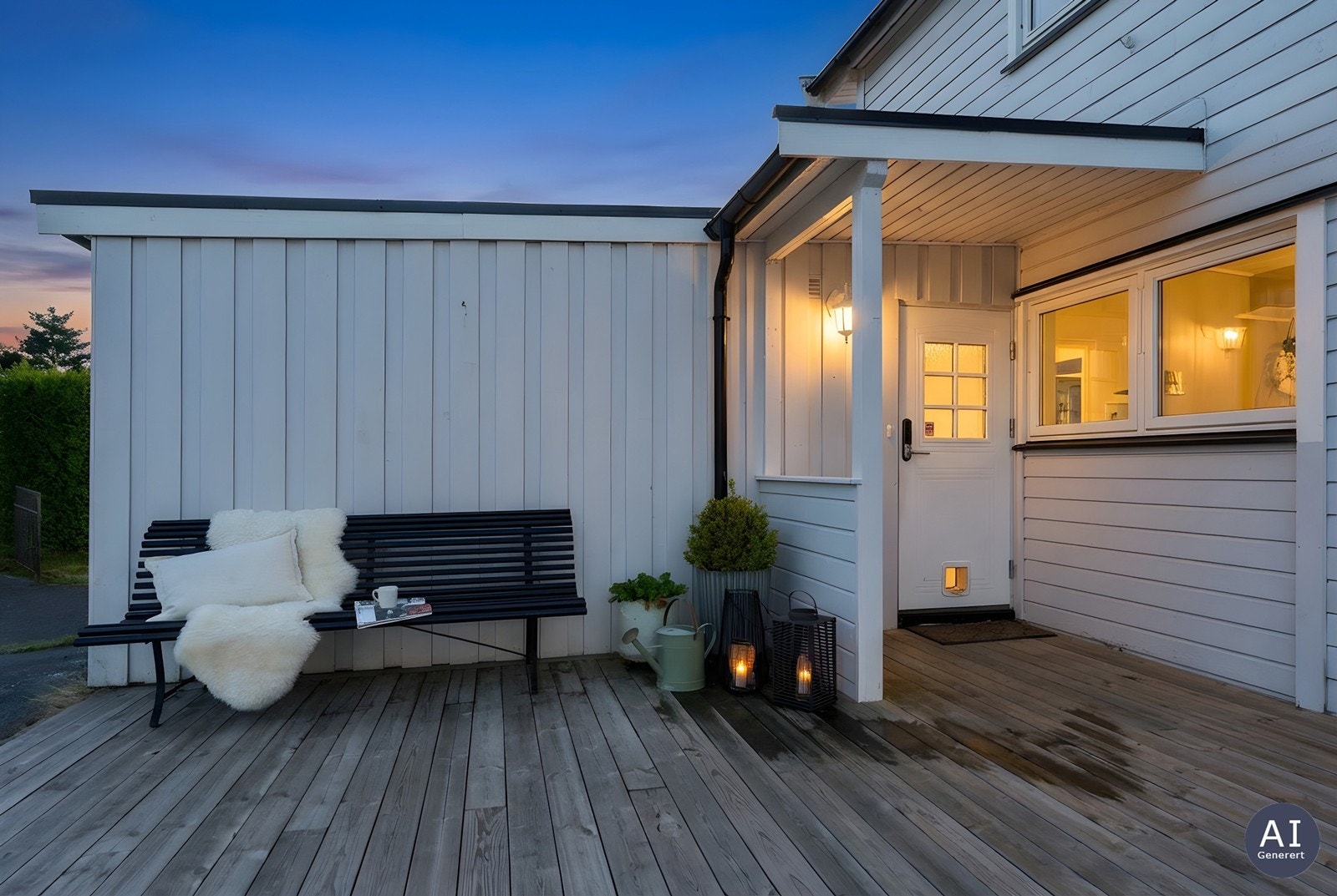Ved inngangspartiet er det en egen platting med plass til en liten sittegruppe. Galleribilde