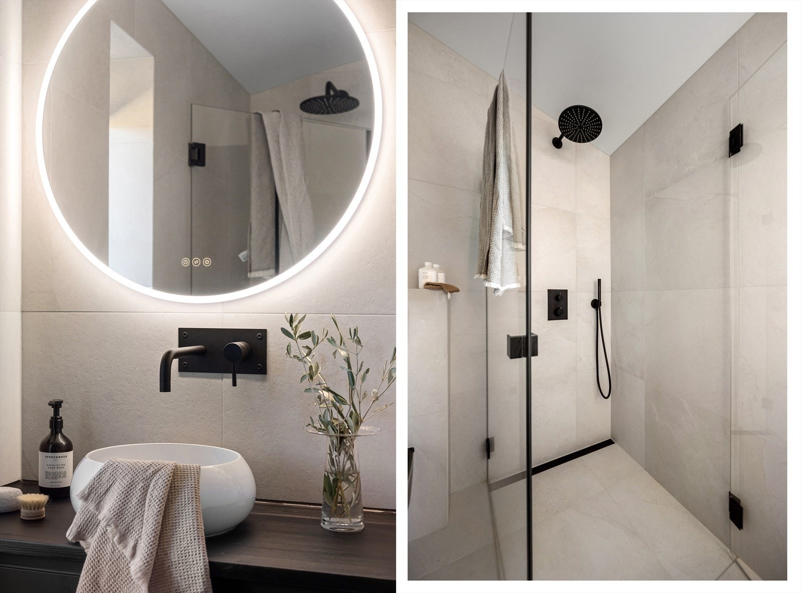 Badet har servantskap, porselensservant, speil med belysning og vegghengt toalett, samt dusjhjørne med glassvegger. Gulvvarme og balansert ventilasjon Galleribilde