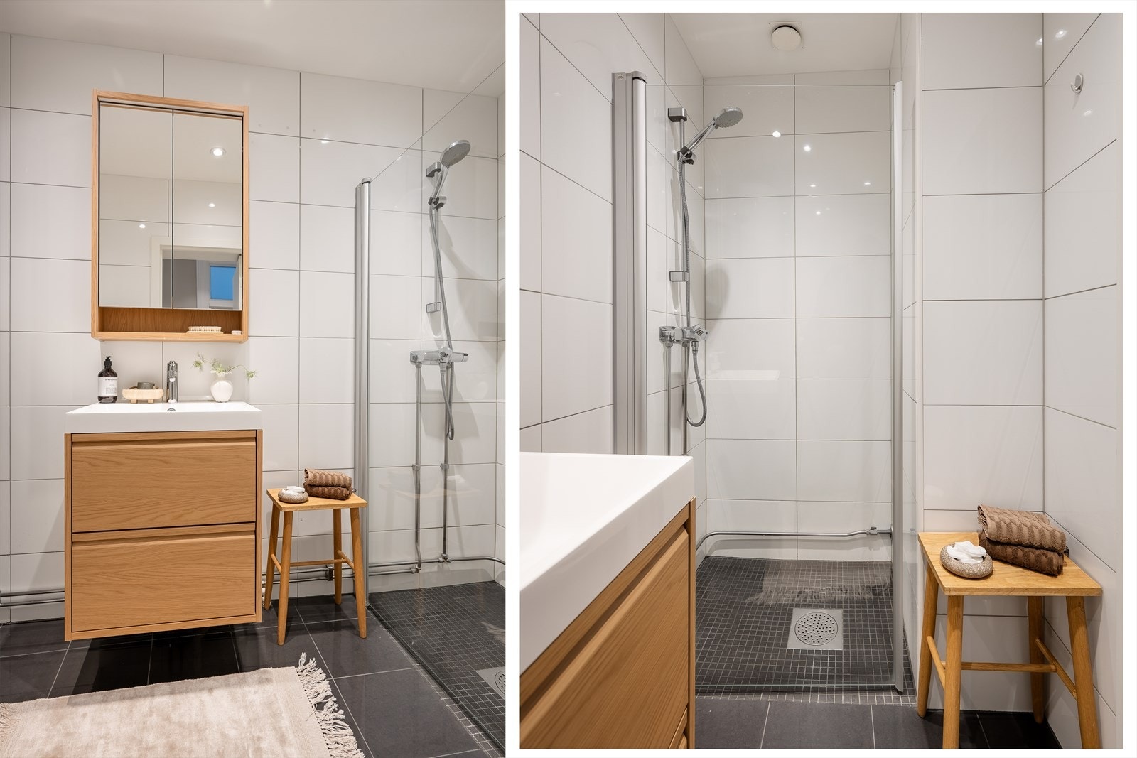 Lyst, delikat og tidløst bad med fliser på vegger og gulv. Badet ble oppgadert med nye baderomsmøbler i 2026. Galleribilde