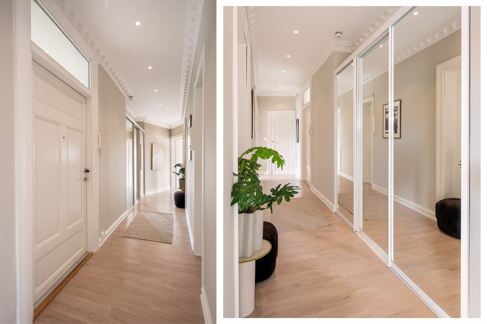 Entréen gir umiddelbart et særdeles godt førsteinntrykk med stor takhøyde, downlights og stukkatur i tak, plassbygd/innebygd garderobeløsning og lyse, tiltalende overflater. Galleribilde
