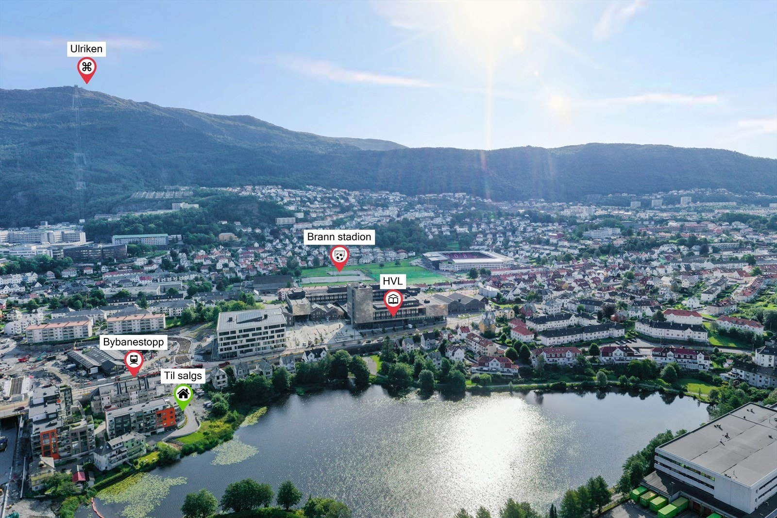 Meget kort vei til bybanestopp for begge bybanelinjene. Bybanen tar deg til både sentrum, Haukeland, Flesland og Fyllingsdalen mm. Galleribilde