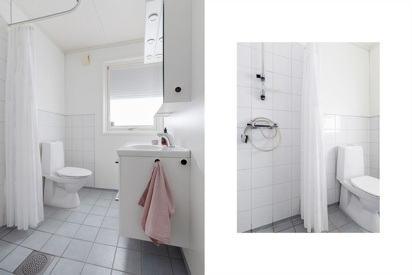 Badet i 1. etasje ble oppgradert i 1995 og har flislagt gulv med gulvvarme. Baderomsmøblene er fra 2011 og nytt toalett ble installert i 2024. Galleribilde
