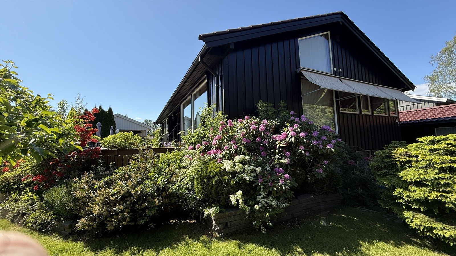 Hagen er pent opparbeidet med plen og diverse beplantning som skaper en privat og grønn ramme. (Privat sommerbilde.) Galleribilde