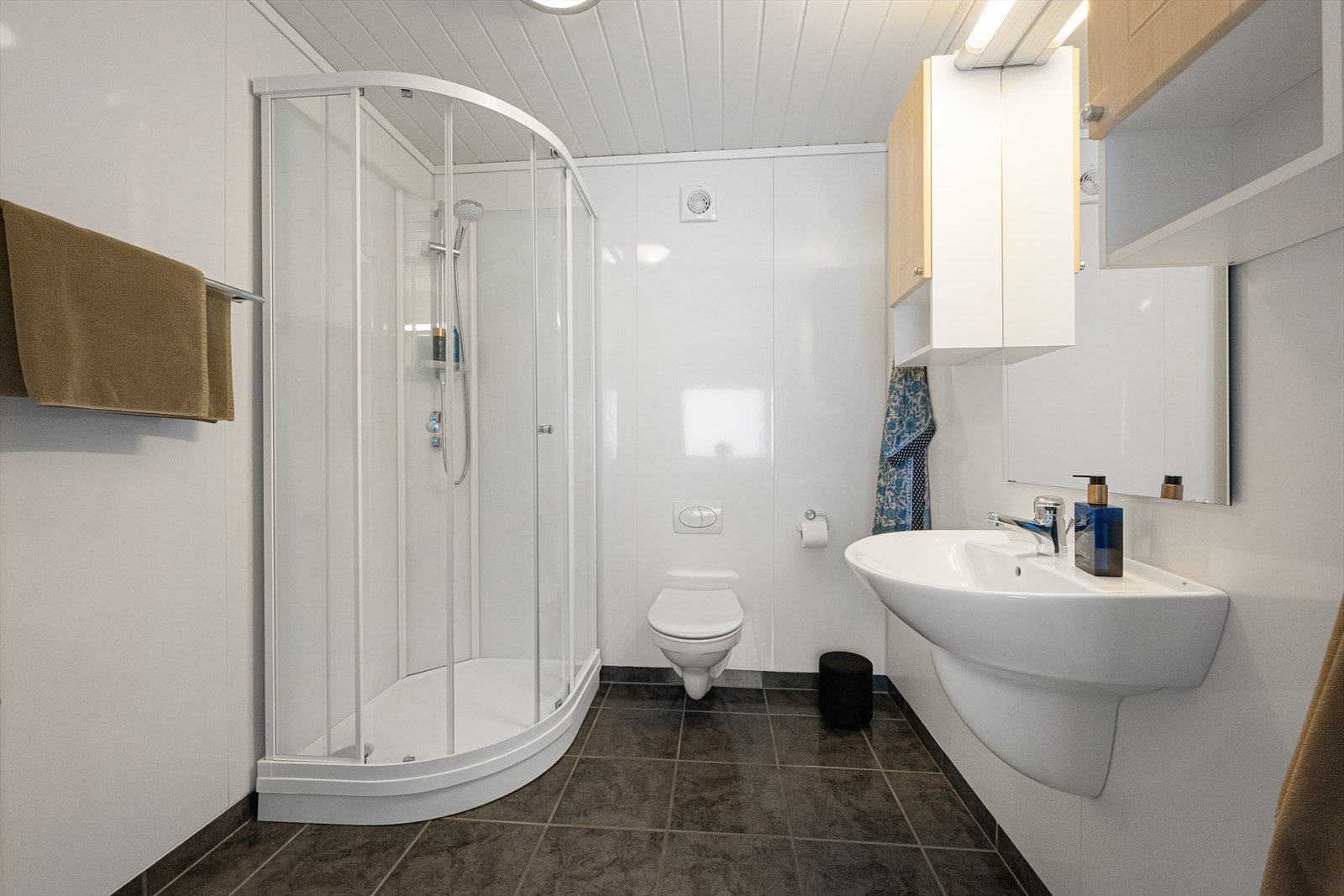 Badet i andre etasje er utstyrt med dusjkabinett, toalett og servant med oppbevaring. Galleribilde