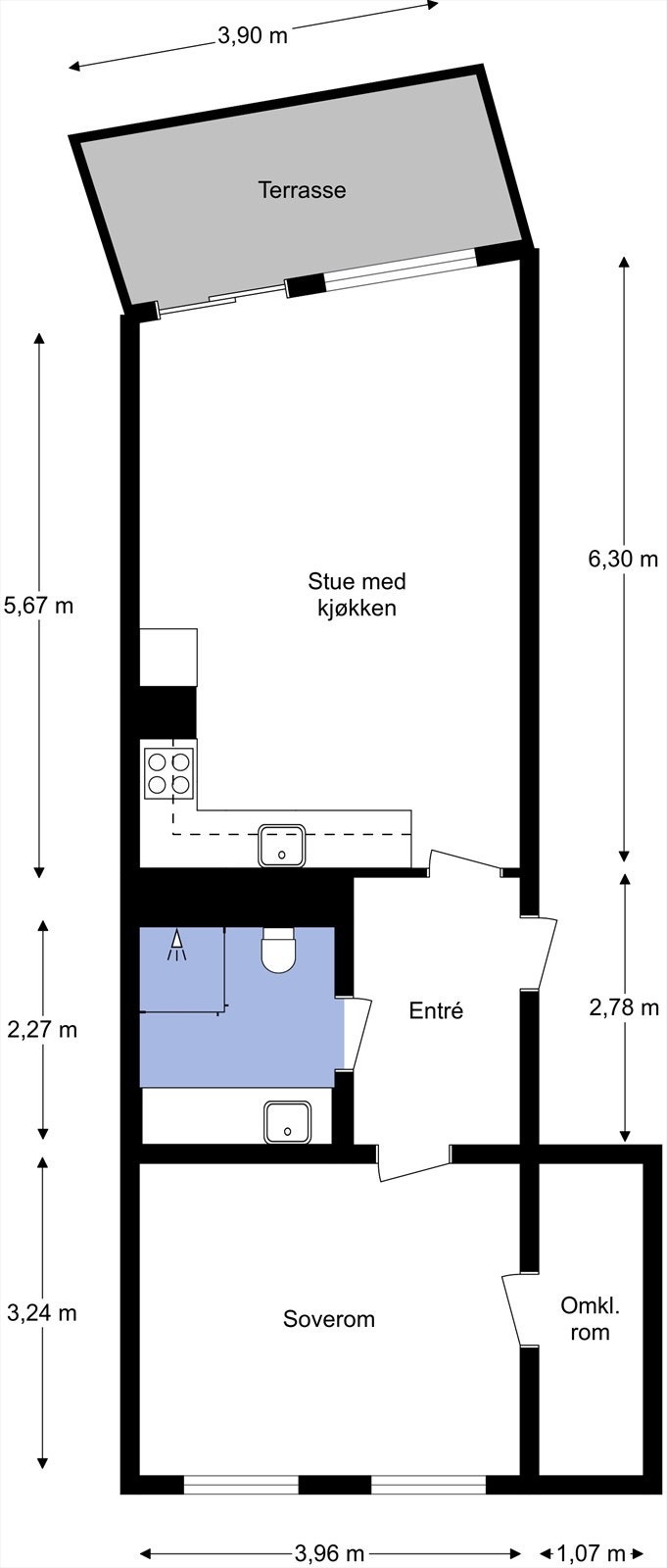 Plantegning er utarbeidet av takstmannen. Leiligheten disponerer i tillegg en romslig bod i kjeller med enkel adkomst. Galleribilde