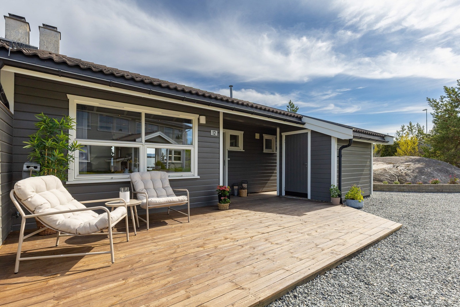 2025 Behandlet terrasse på baksiden mot veien. Laget blomsterbed og liten terrasse. Laget plen. Galleribilde