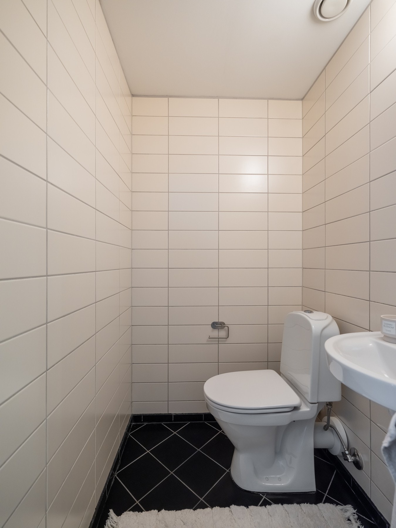 Innredningen består av servant med belysning over og toalett. Galleribilde