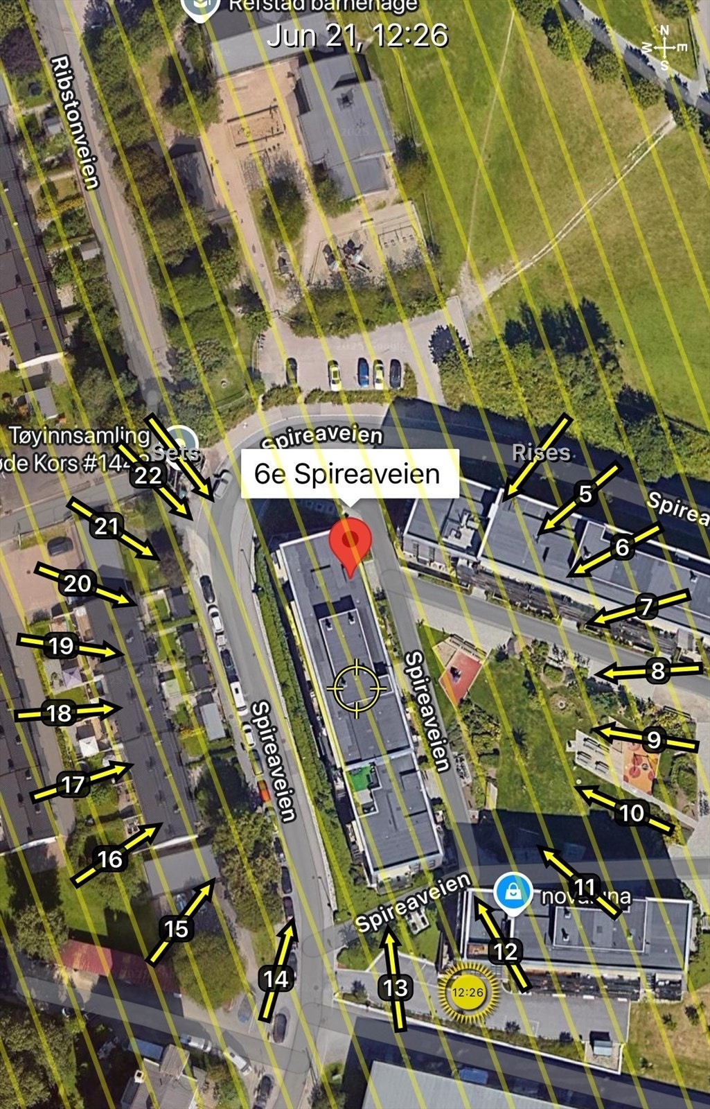 Solkart er kun ment som en illustrasjon over solforholdene midtsommers (21.6). Teknologien som brukes kan slå feil pga. kalibrering e.l. Solforhold må derfor også kontrolleres selv ved hjelp av kompass, kart eller egen app hvis dette er av betydning Galleribilde