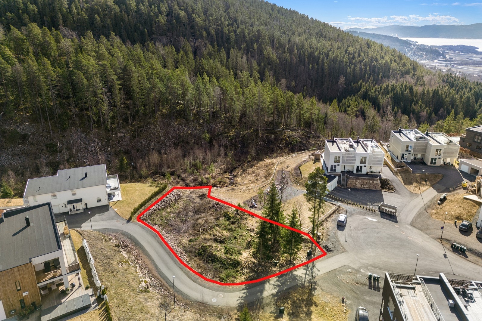 Oversiktsbilde som viser tomtens plassering i feltet, med god avstand til naboer og med skogen som en naturlig ramme rundt eiendommen. Galleribilde