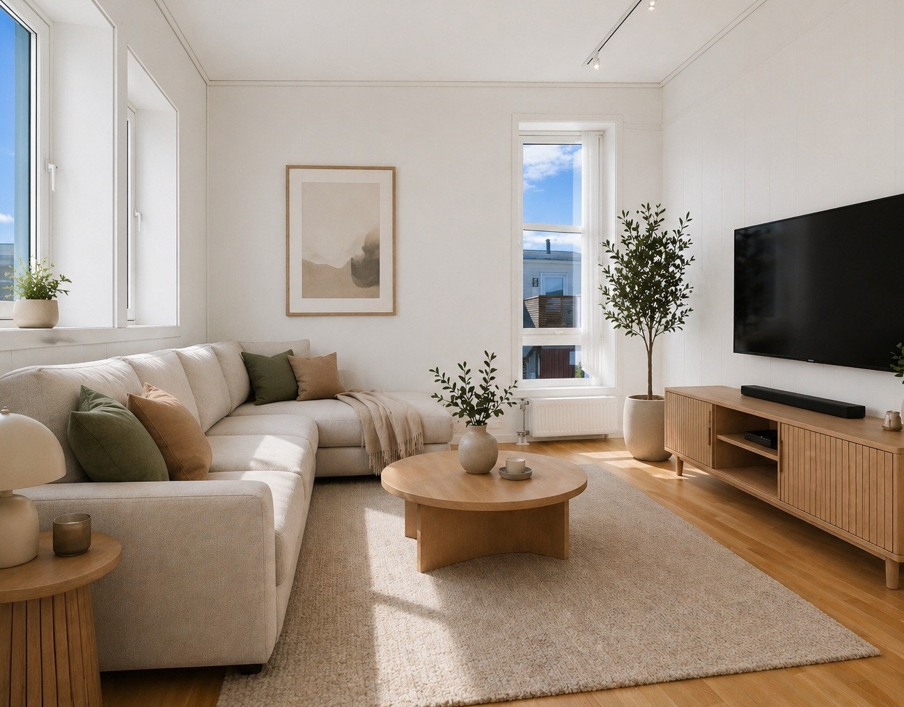 TV-stue møblert ved hjelp av kunstig intelligens. Galleribilde