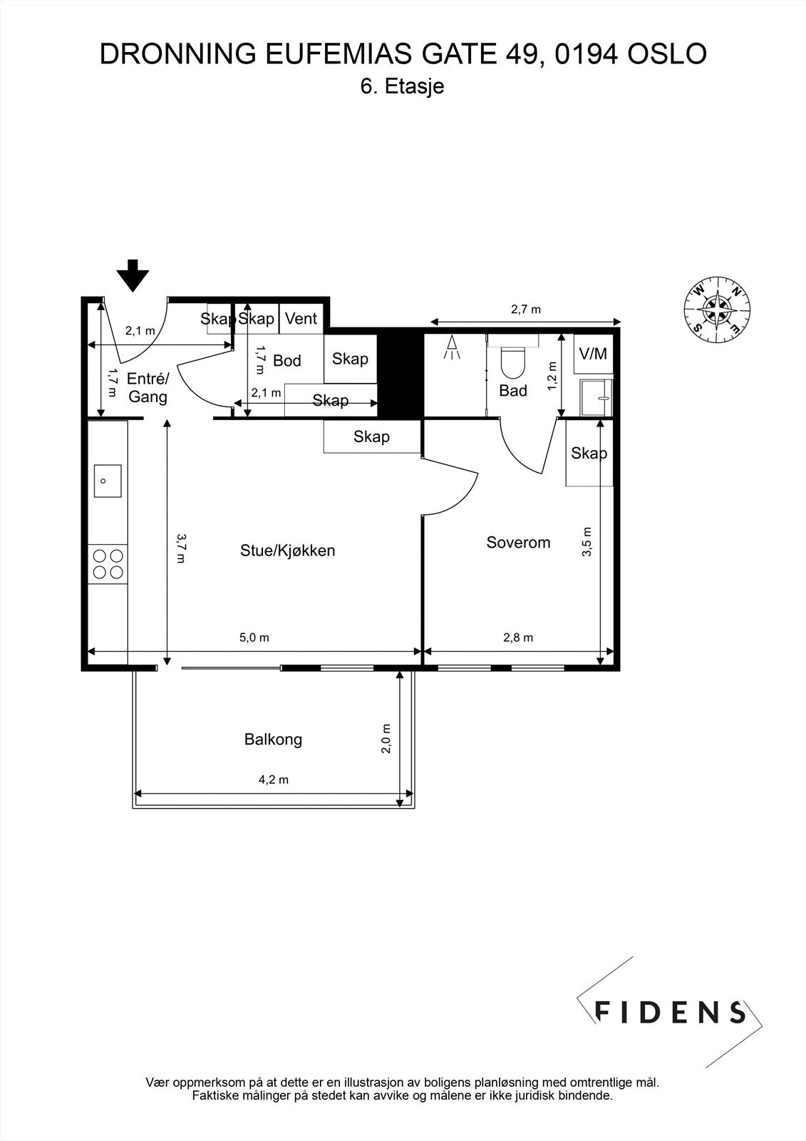 Plantegning. Leiligheten disponerer i tillegg en kjellerbod på ca. 6 kvm. Galleribilde
