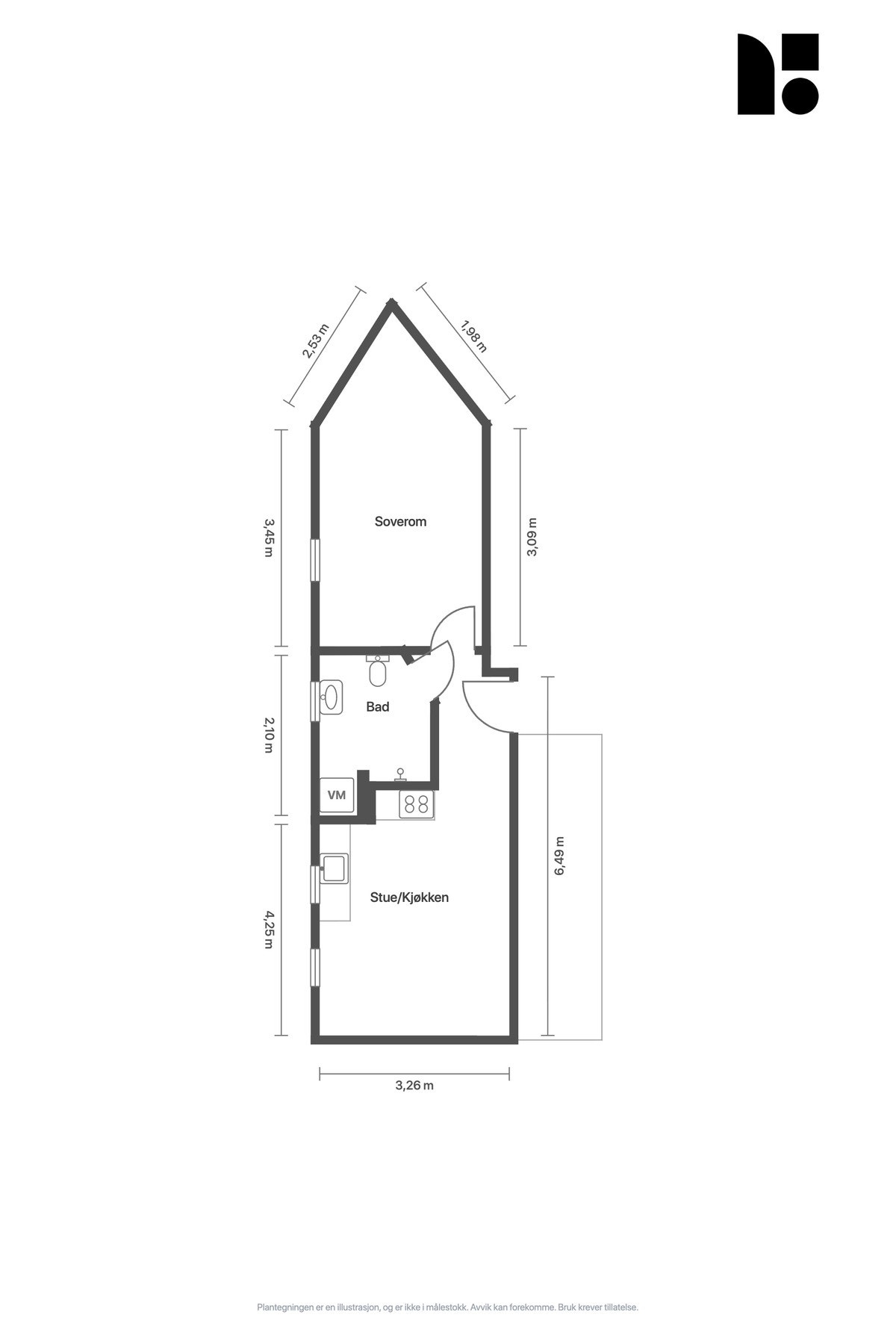Plantegning. Leiligheten disponerer i tillegg en kjellerbod på 4 kvm. Galleribilde