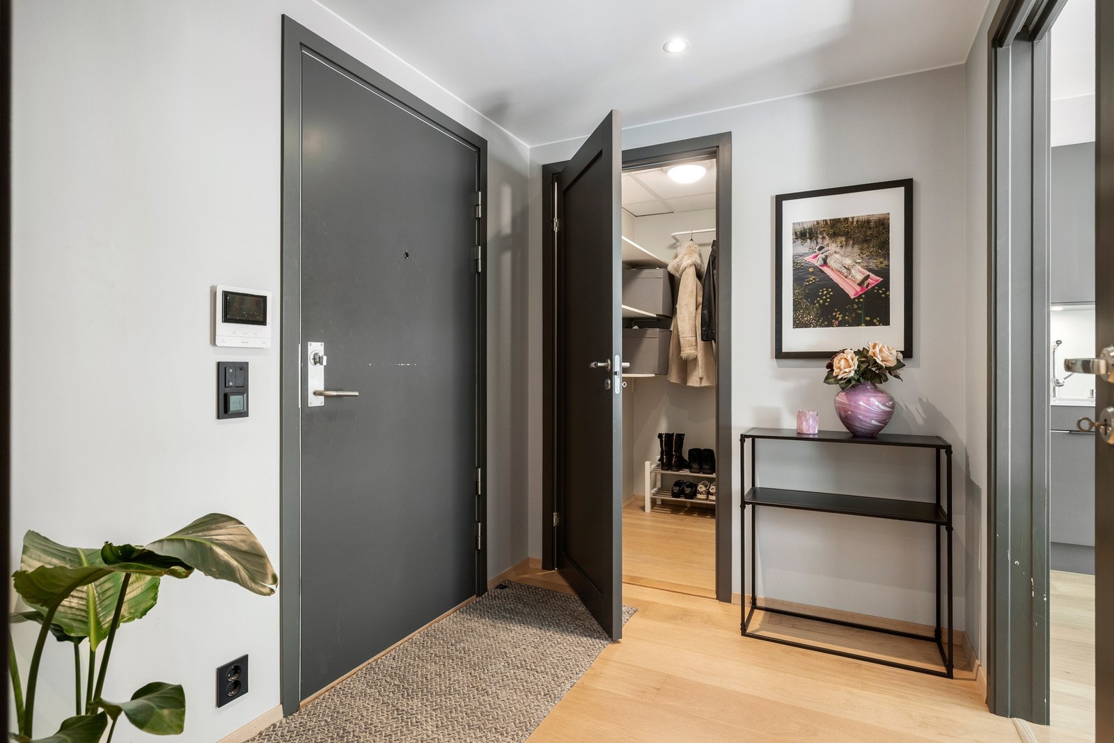 Entreen er utstyrt med dørcalling med video og smarthussentral fra Eaton xComfort. Her er det gode oppbevaringsmuligheter i skyvedørsgarderobe med to speilfronter Galleribilde