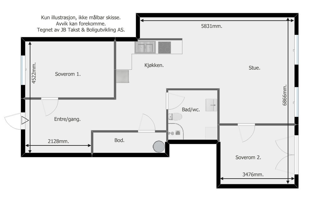 Plantegning (avvik kan forekomme). Leiligheten disponerer også en utvendig bod på ca. 3 m². Galleribilde