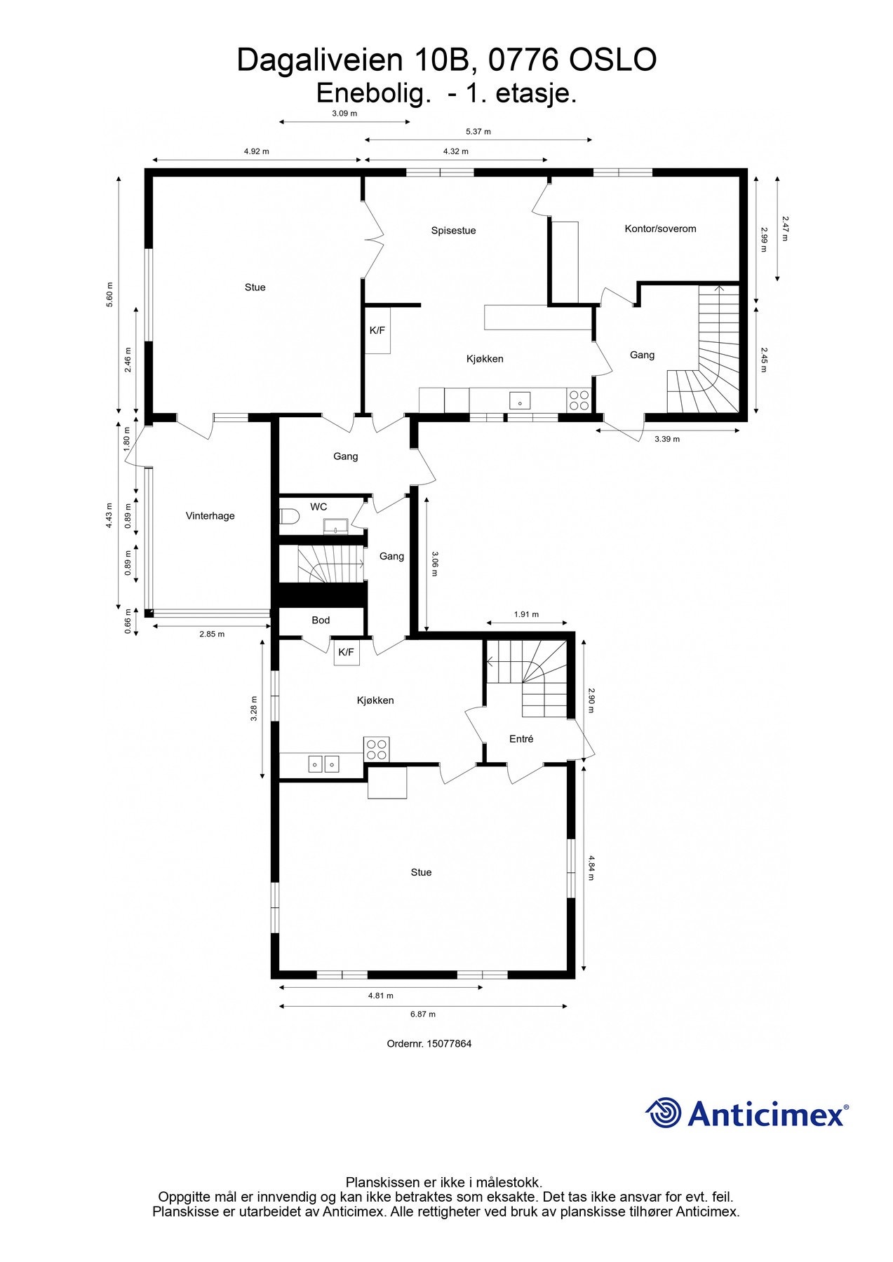 Plantegning 1.etasje. BRA-i 150 m²: To entré, to gang, toalettrom, kontor/soverom, spisestue, to kjøkken og to stuer. BRA-b 15 m²: Vinterhage. Galleribilde
