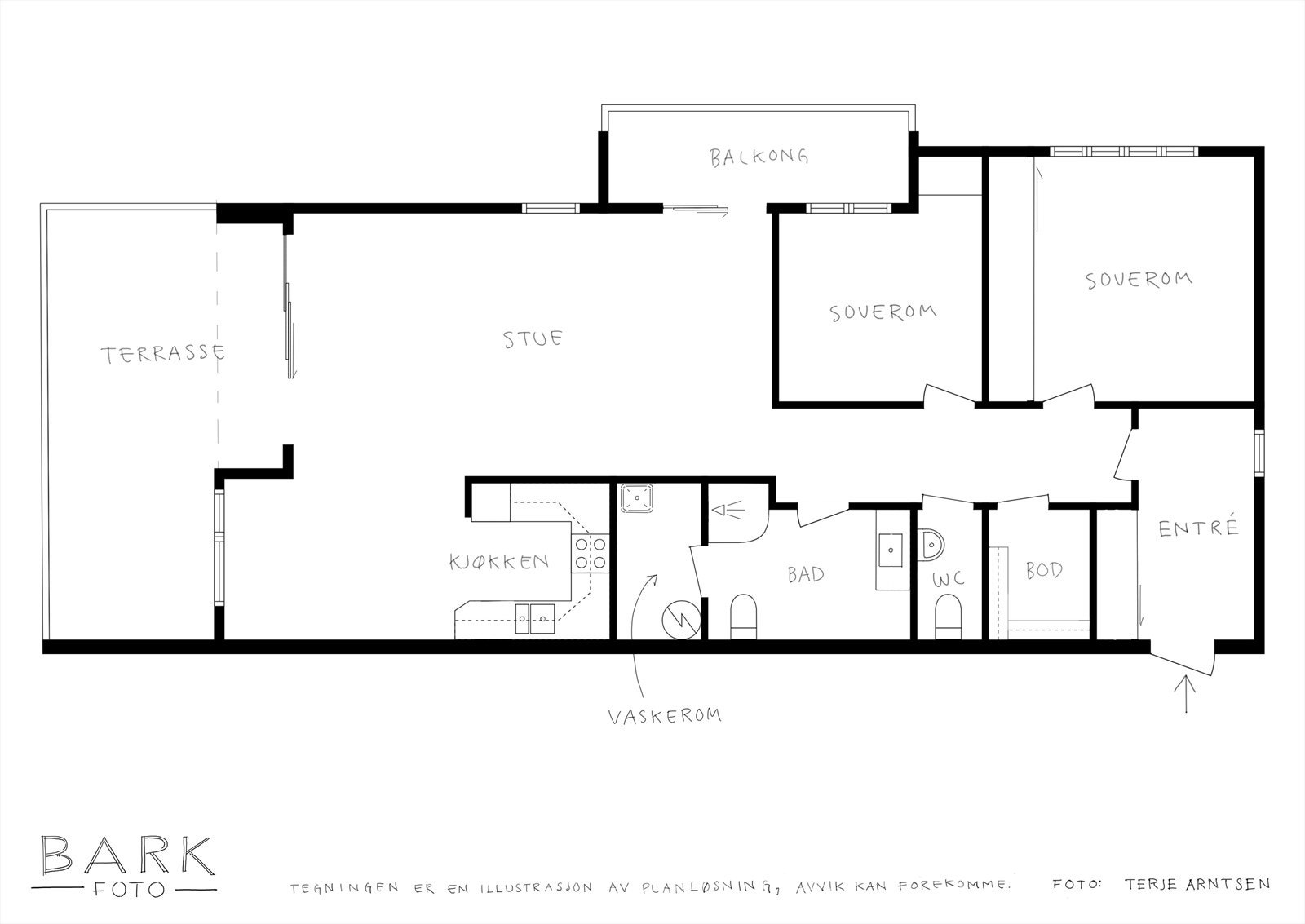 Leiligheten har en effektiv og arealsmart planløsning på 107 m² BRA-i, med to soverom, separat vaskerom, WC og en romslig sosial sone. Galleribilde
