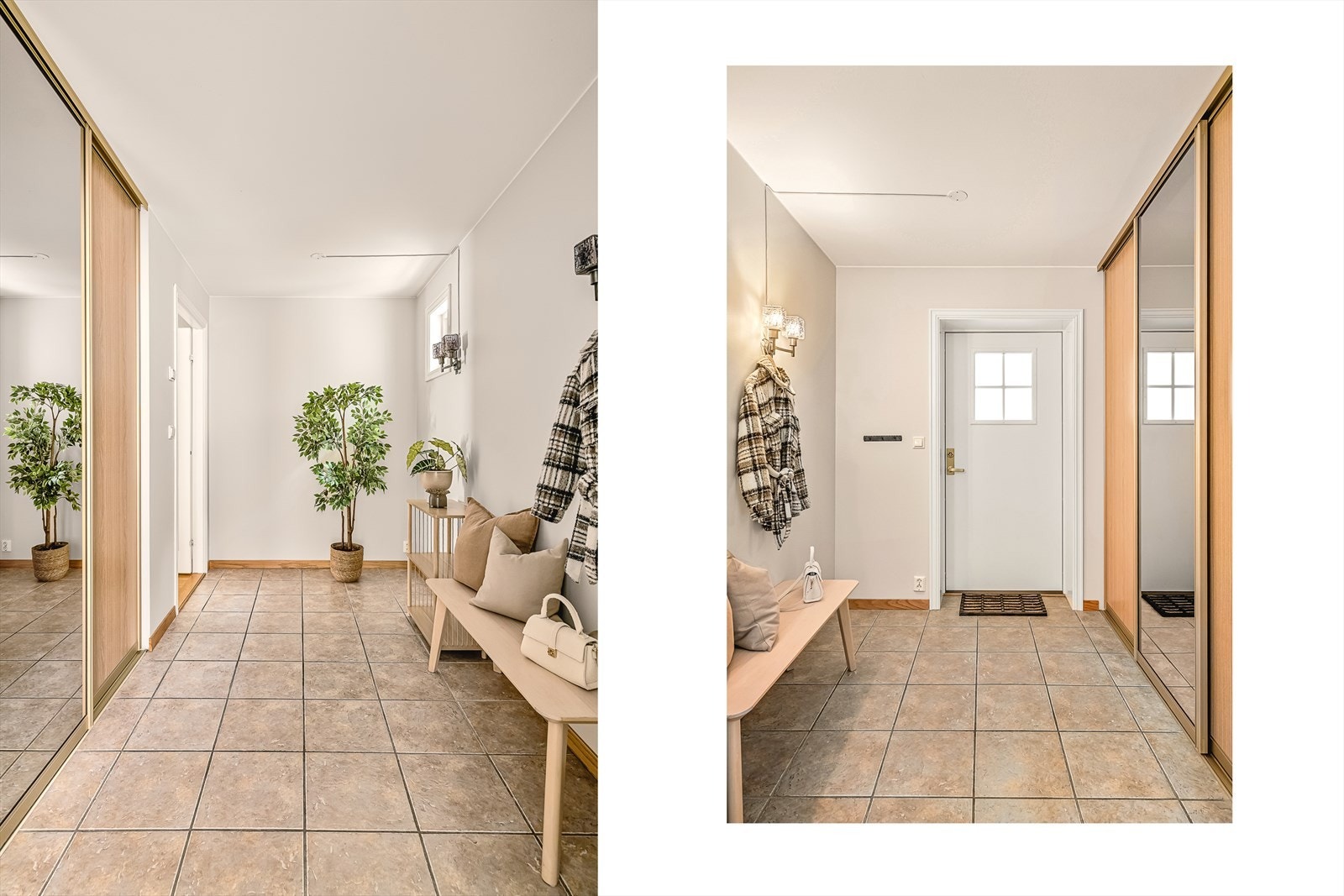 En innbydende entré med keramiske fliser, gulvvarme og en praktisk skyvedørsgarderobe for god oppbevaring. Galleribilde