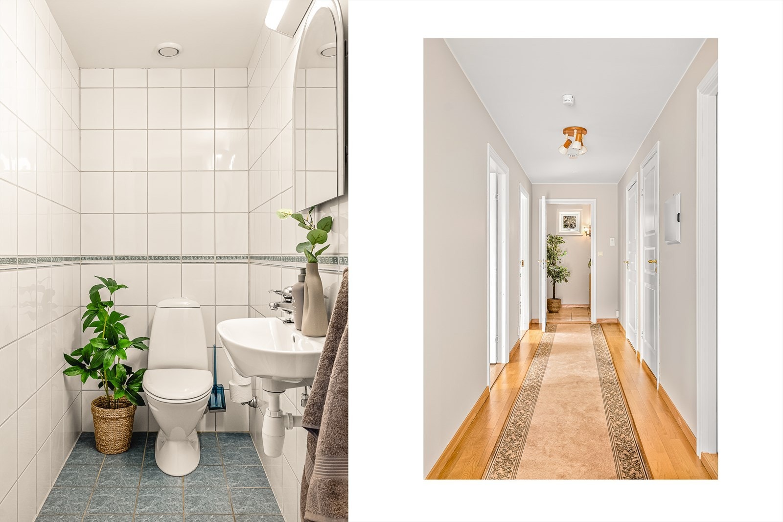 Leiligheten har et separat toalettrom i tillegg til hovedbadet. Gangen har parkett og binder rommene sammen. Galleribilde