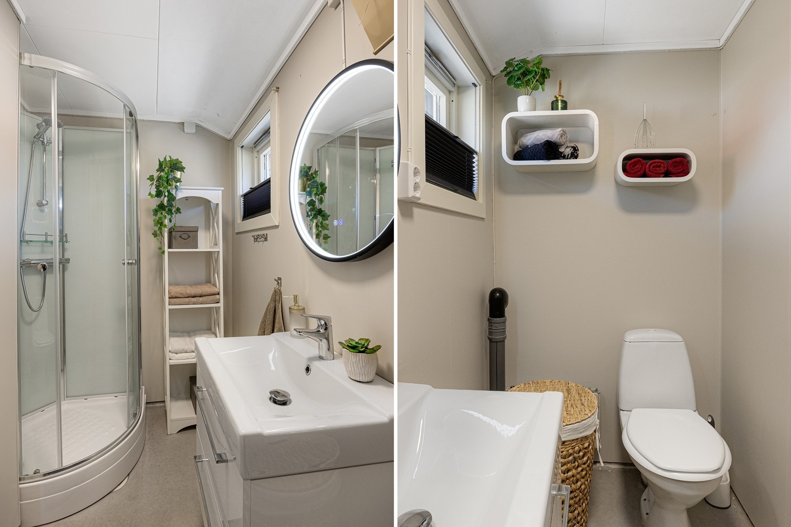 Badet ligger ved soverommene i andre etasje, og har lysmalte våtromsplater på veggene og matchende belegg på gulv med sluk. Galleribilde