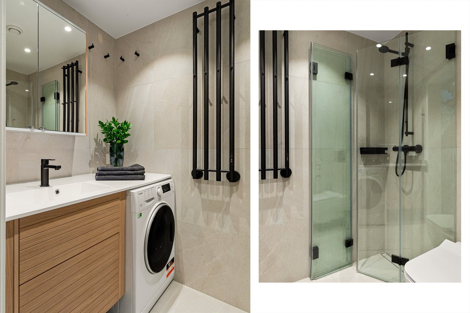 Badet har store, moderne fliser, en romslig dusjnisje med glassdører og en stilren håndkletørker. Galleribilde