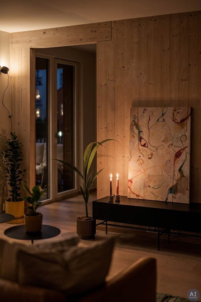 Veggene er kledd med en kombinasjon av hvitbeiset trekonstruksjon og malte flater. Galleribilde