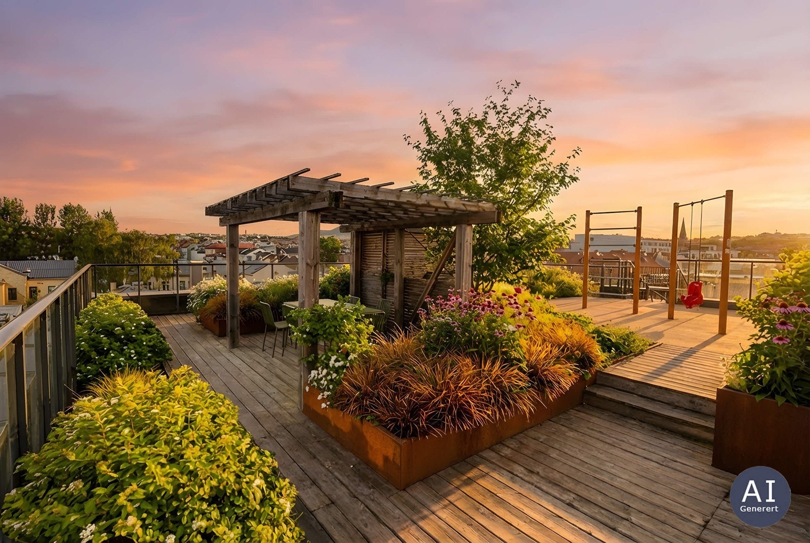 Takterrassen er utstyrt med pergola, sittegrupper og fellesgriller. Det gjøres oppmerksom på at bilde er AI generert og er ment som en illustrasjon. Galleribilde