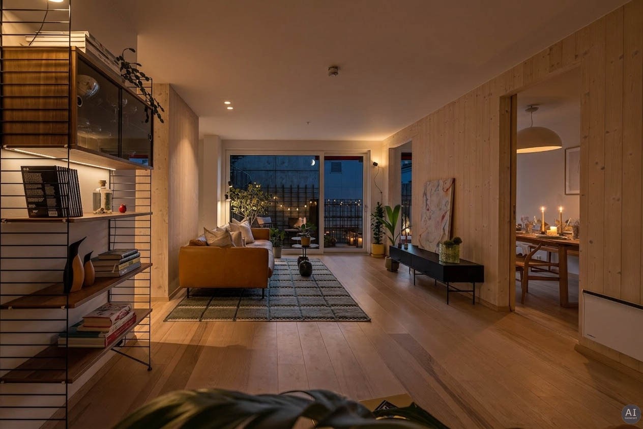 Store vindusflater med 3-lags isolerglass slipper inn rikelig med lys. Stuen er av god størrelse med plass til både spisebord og sofa avdeling om ønskelig. Galleribilde