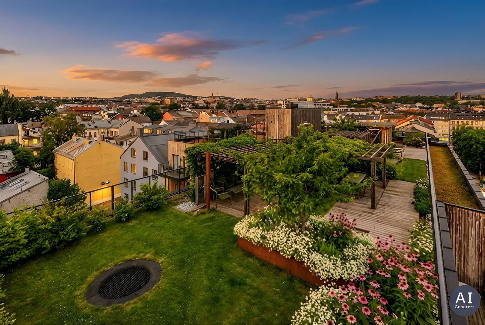 Den felles takterrassen er en grønn oase med flott utsikt over byen. Det gjøres oppmerksom på at bilde er AI generert og er ment som en illustrasjon. Beplantning, blomster og annet avviker fra virkeligheten. Galleribilde