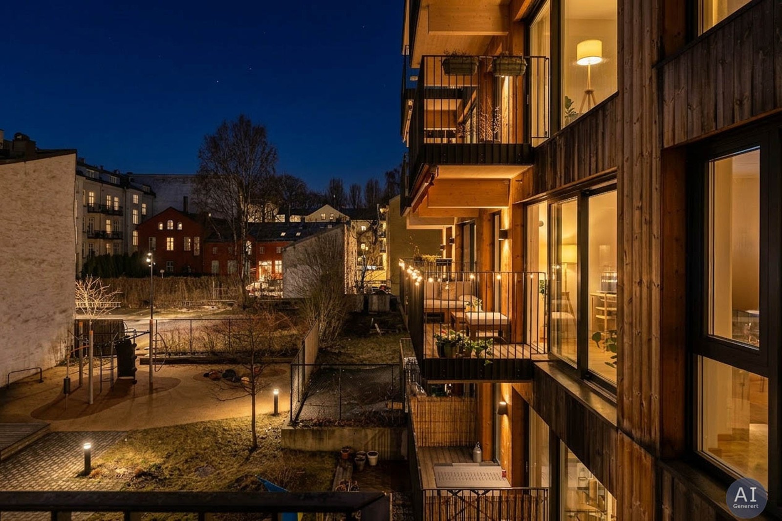 Utsikt fra leiligheten mot gårdsrommet og nabobebyggelsen. Leiligheten vender mot indre gårdsrom og er gjennomgående. Galleribilde