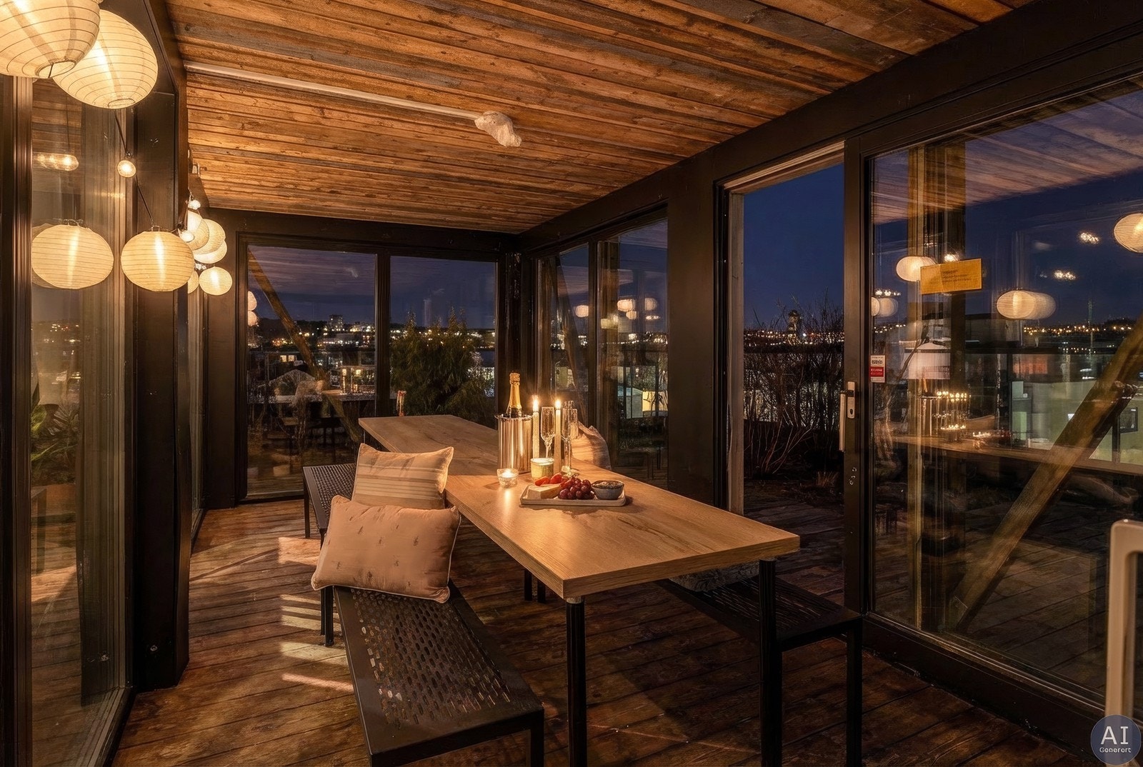 I tillegg til egen balkong, har sameiet en stor, felles takterrasse. Bilde er fra felles havestue/glasshus. Galleribilde
