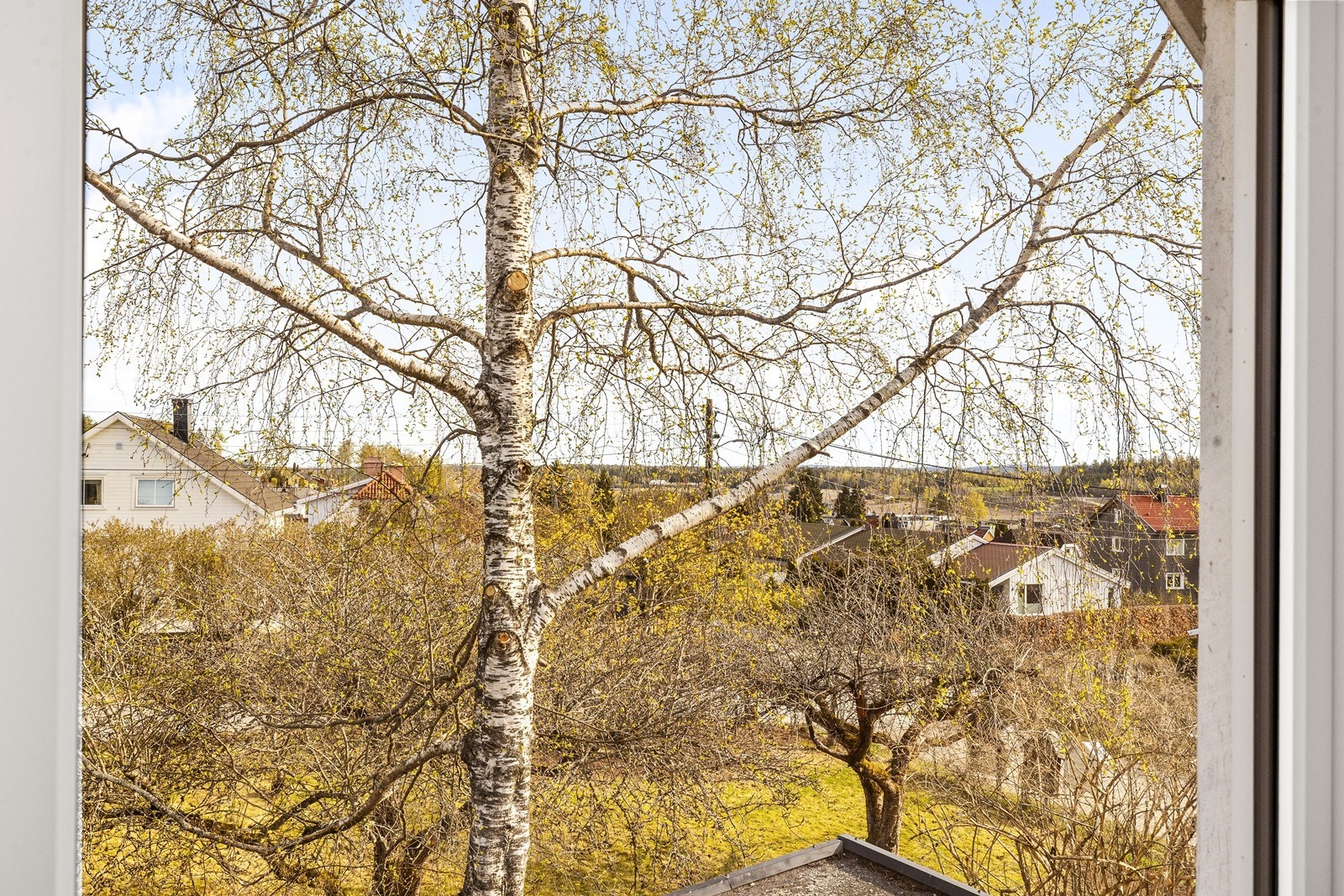 Utsyn over nabolaget fra loftsetasjen. Området er preget av villabebyggelse og grønne hager. Galleribilde