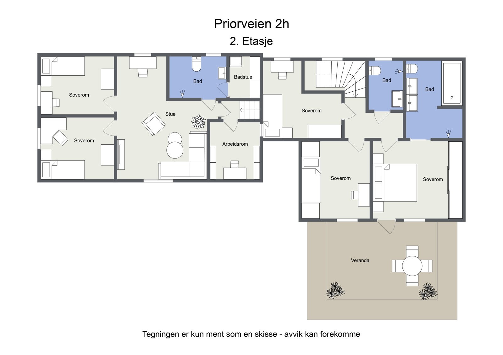 Planskisse 2. etasje. Hoveddelen til høyre på skissen Galleribilde