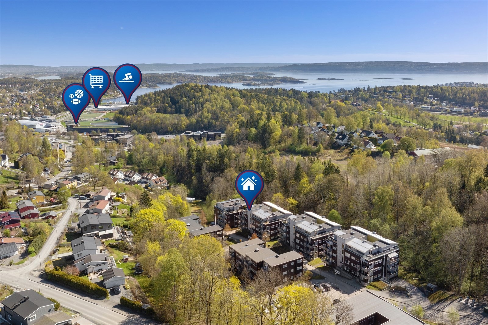 Holmen kjøpesenter, idrettsanlegg, samt Holmenskjæret med badestrand ligger innenfor gangavstand. Galleribilde