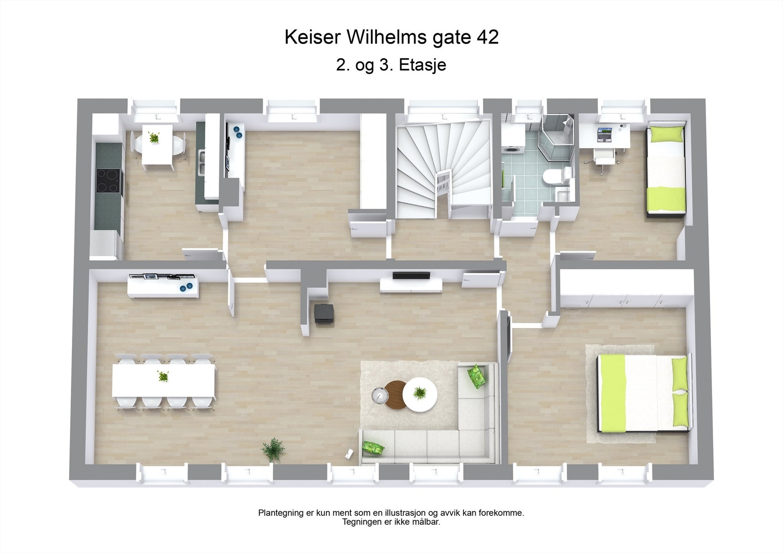 Illustrasjon av planløsning for 2. og 3. etasje. Galleribilde