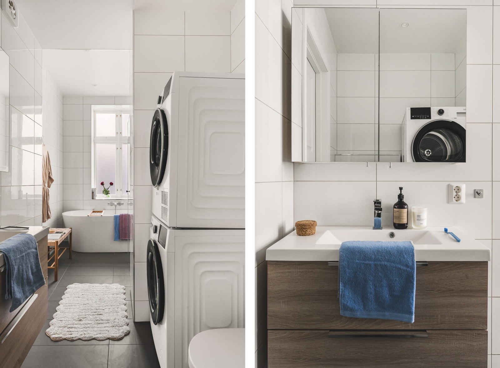 Badet har varmekabler i gulvet og opplegg for vaskemaskin og tørketrommel. Galleribilde