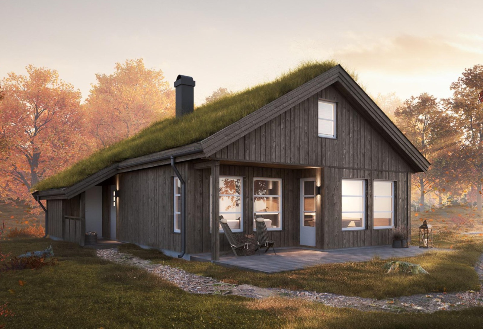 Romslig familiehytte med fullverdig hems og stor, dels overbygd terrasse. I dette prosjektet er modellen tilpasset tomten og vil avvike fra illustrasjon. Galleribilde