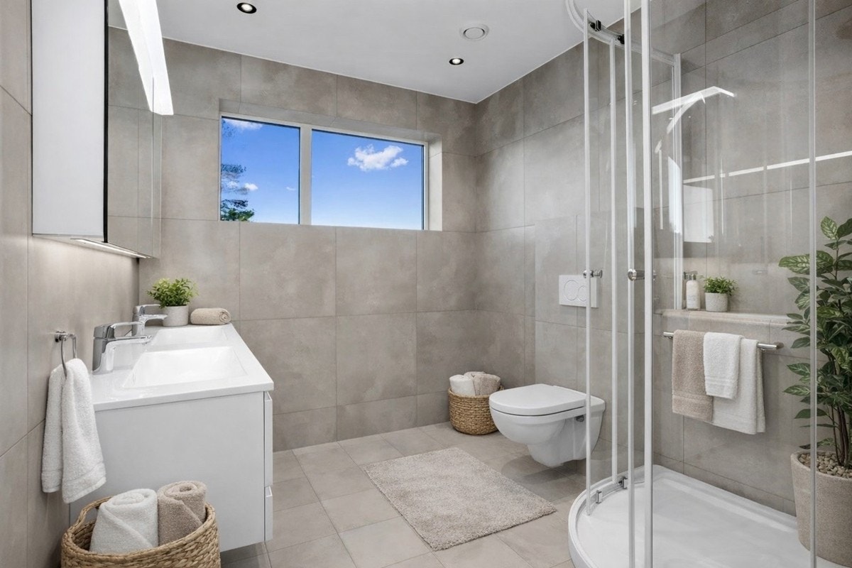 Stort flislagt bad/wc med storformatfliser (60 x 60 cm) i hovedetasje | downlights Galleribilde