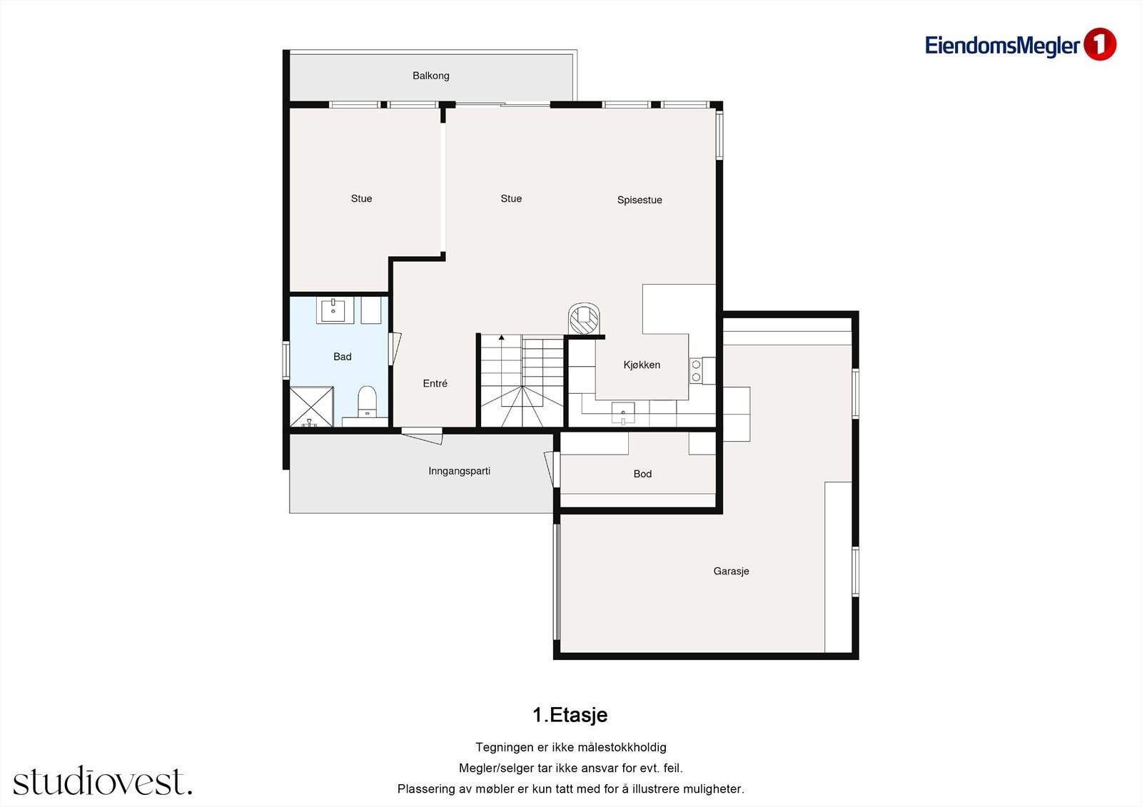 Hovedetasjen har en åpen og sosial planløsning på 68 m² som forener stue og kjøkken. Herfra er det utgang til en balkong med utsikt. Galleribilde