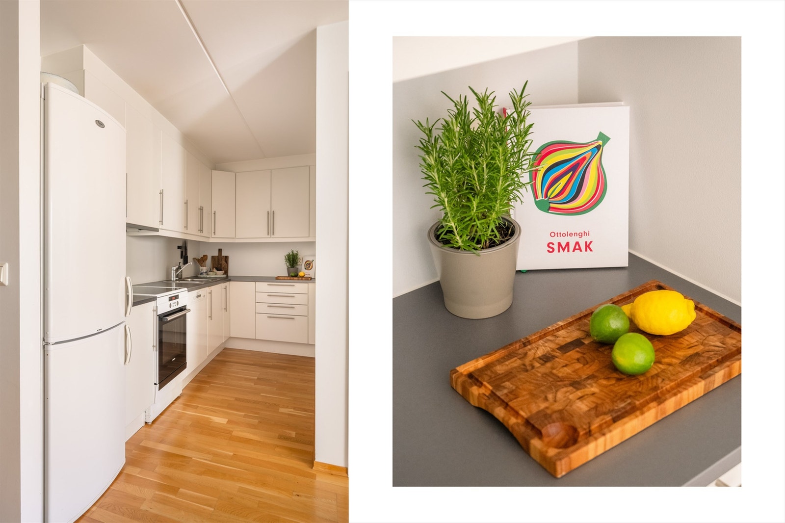 Kjøkkeninnredning fra Sigdal med hvite, glatte fronter, benkeplater av laminat og nedsenket oppvaskkum av rustfritt stål Galleribilde