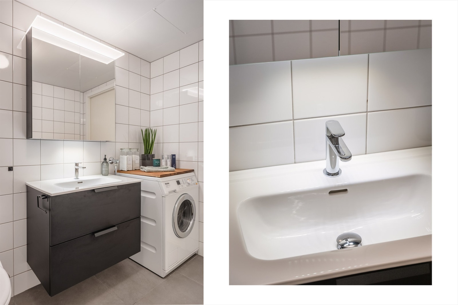 Badet ble oppgradert av selger i 2021 med flis på flis og ny baderomsinnredning med servant Galleribilde