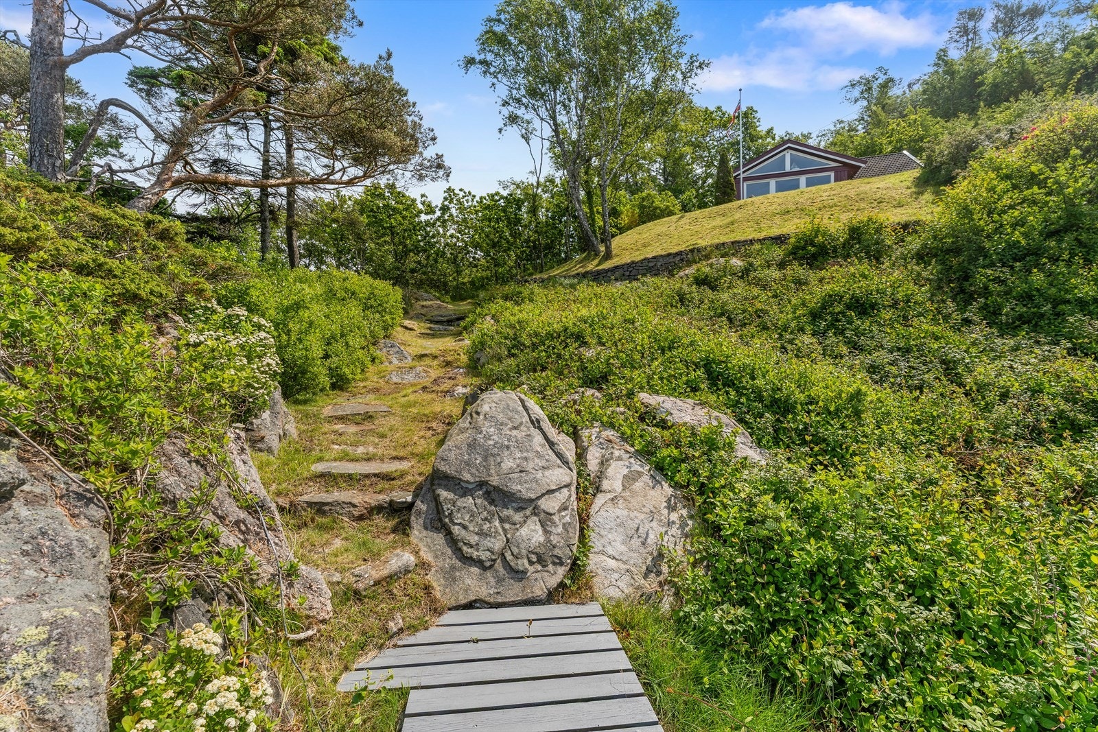 Koselig sti opp til hytten og det fine uteområdet Galleribilde