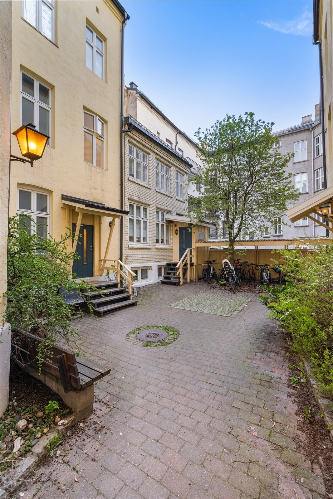 Pent opparbeidet bakgård med beplantning og sykkelparkering. Galleribilde