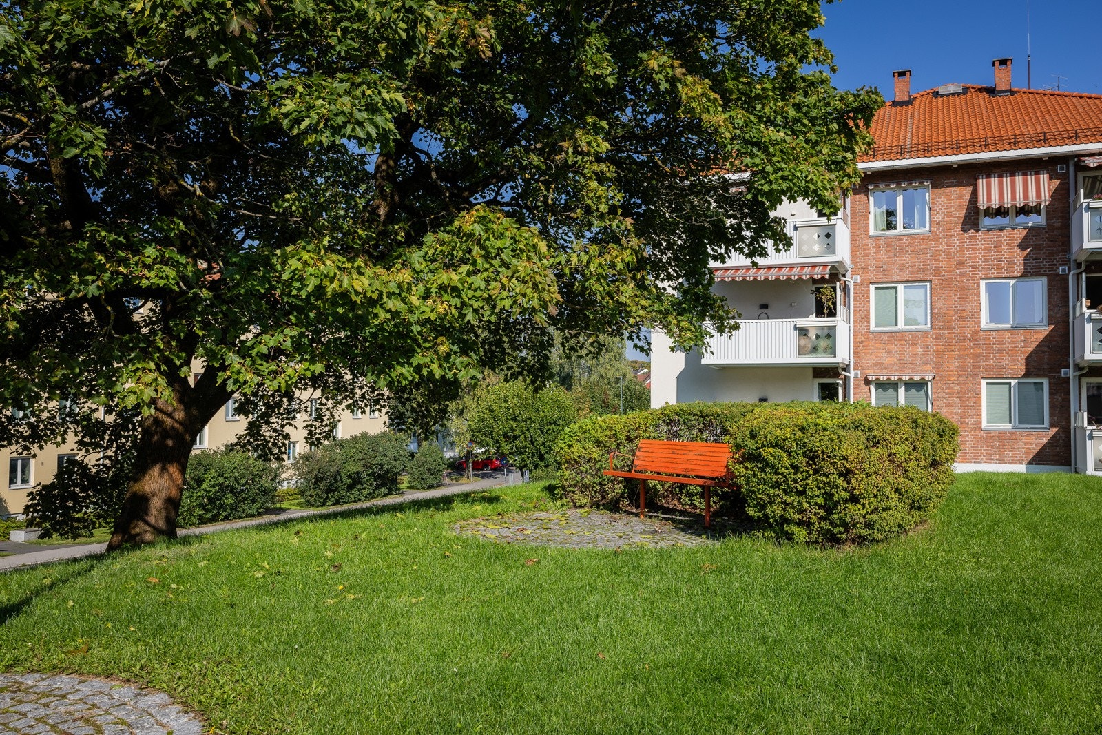 Parkareal med sittegrupper, fuglekvitter og et sosialt bomiljø med løpegrupper, sykkelgrupper, yoga m.m. Galleribilde