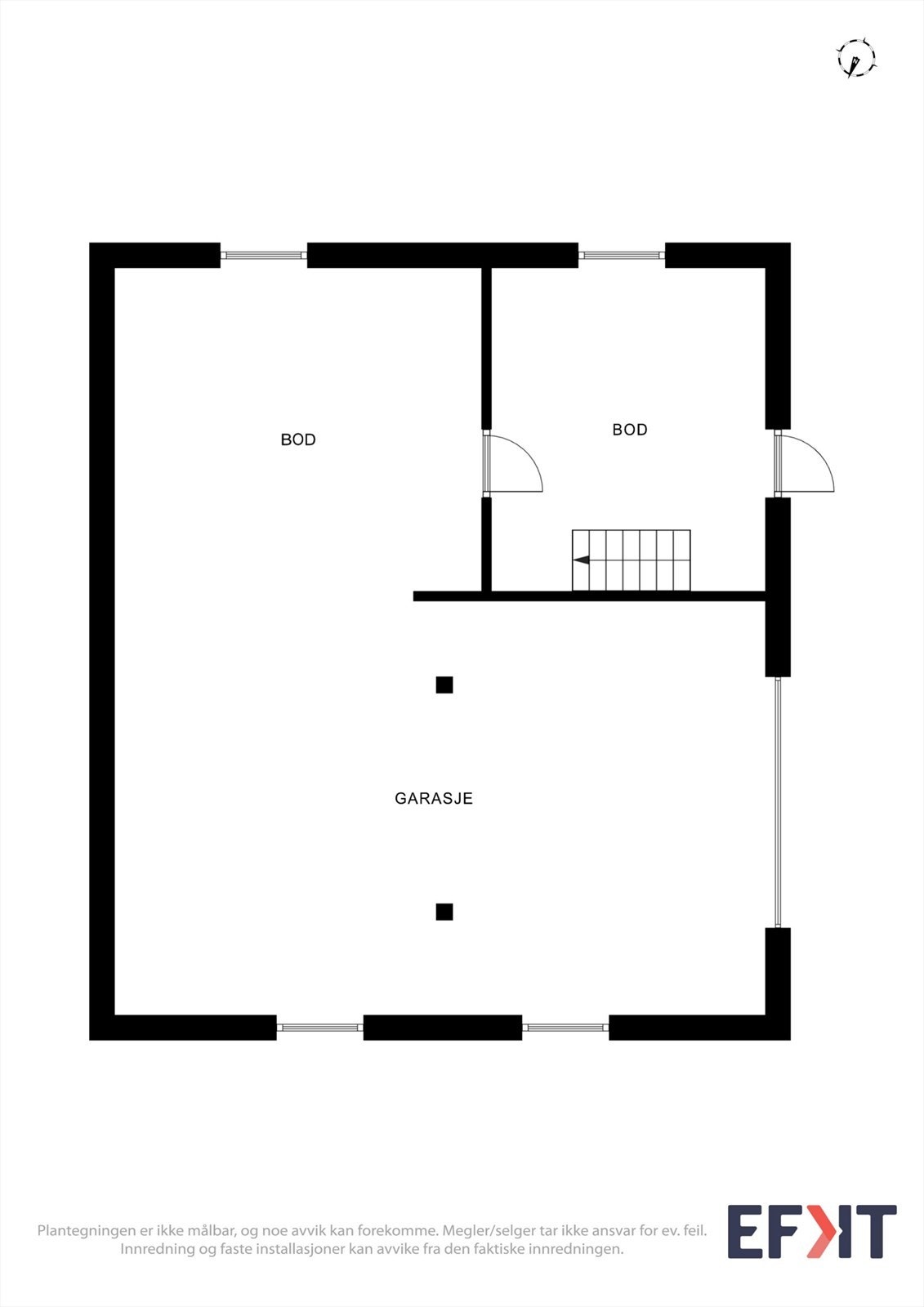 Plantegning for garasjens 1. etasje. Arealet på 69 m² er fordelt på verksted og bod. Galleribilde