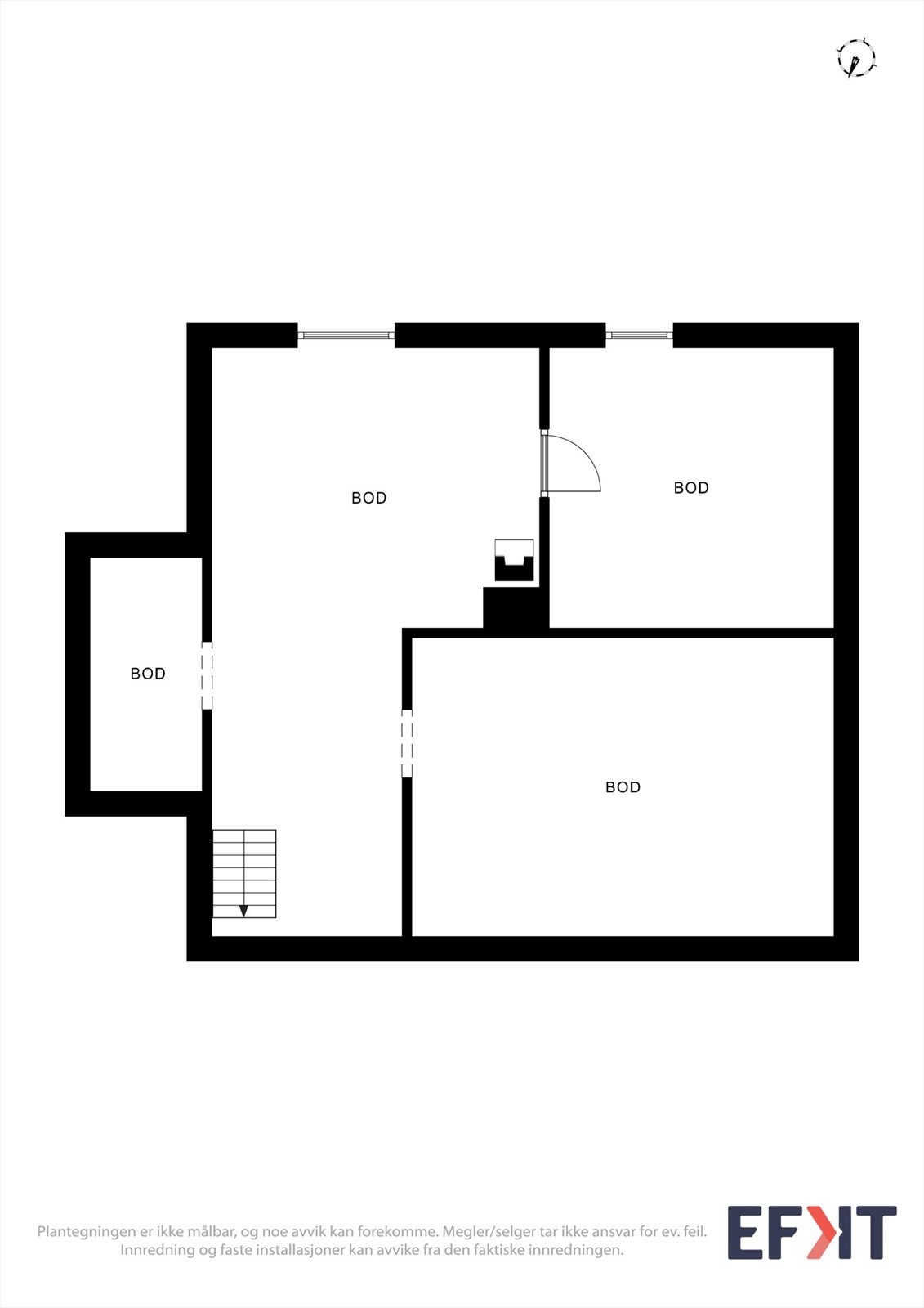 Plantegning for kjeller. Etasjen består av fem boder fordelt på 55 m², og fungerer som en grovkjeller med lagringsplass. Galleribilde