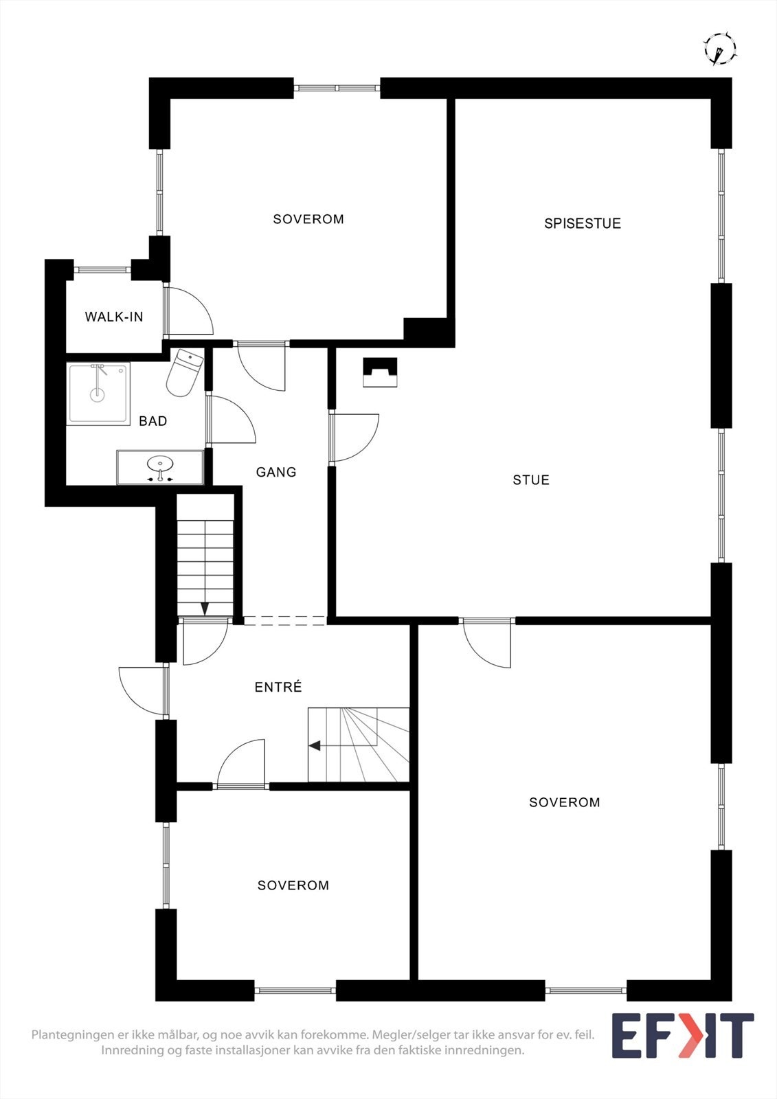 Plantegning for 1. etasje. Etasjen har et bruksareal på 98 m² og inneholder entré, bad og flere disponible rom som i dag er registrert som boder. Galleribilde