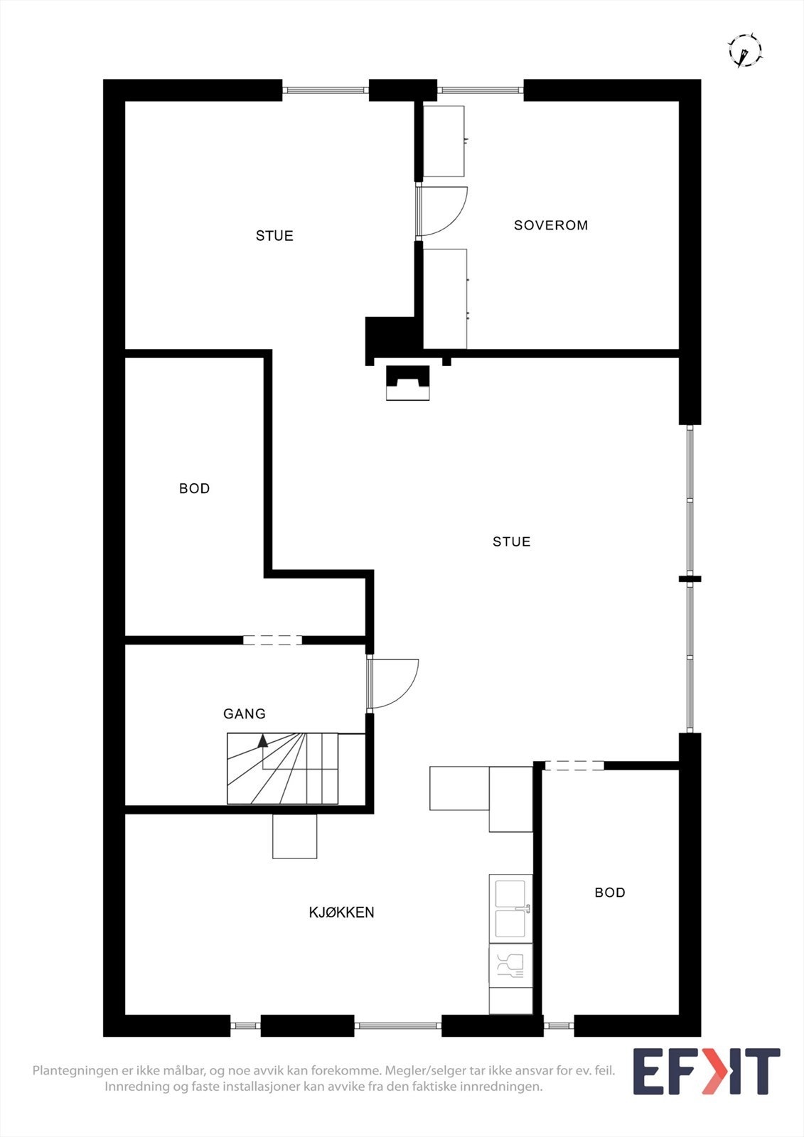 Plantegning for loftetasjen. Med et bruksareal på 77 m² rommer denne etasjen stue, kjøkken, soverom og bod. Galleribilde