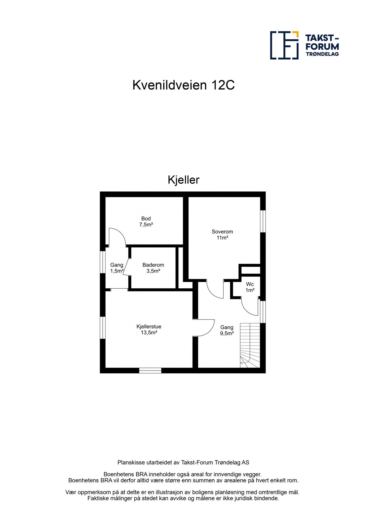 Planskisse kjelleretasje. Benevnt kjellerstue er i bruk som soverom. Galleribilde