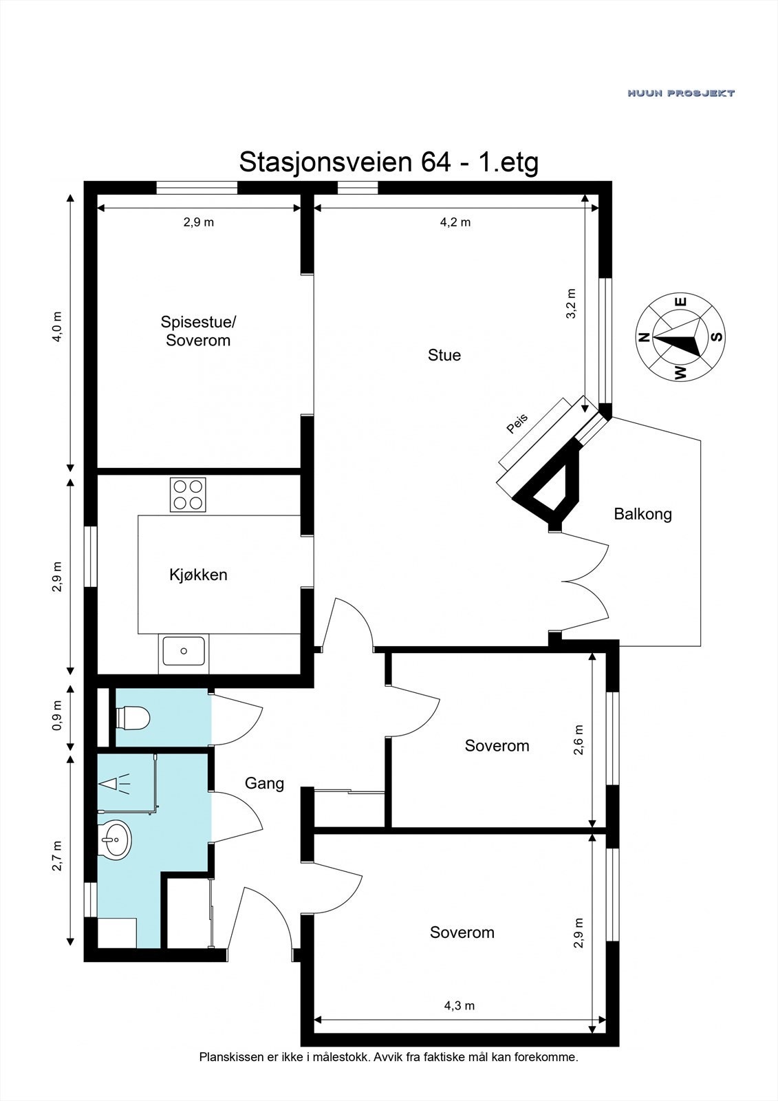 Ca. 86 kvm BRA-i: Entré/gang, stue med peis og utgang til balkong, separat kjøkken med spiseplass, bad, separat WC og to soverom. I tillegg disponerer leiligheten to boder i kjeller (ca. 12 kvm) med gode lagringsmuligheter. Galleribilde
