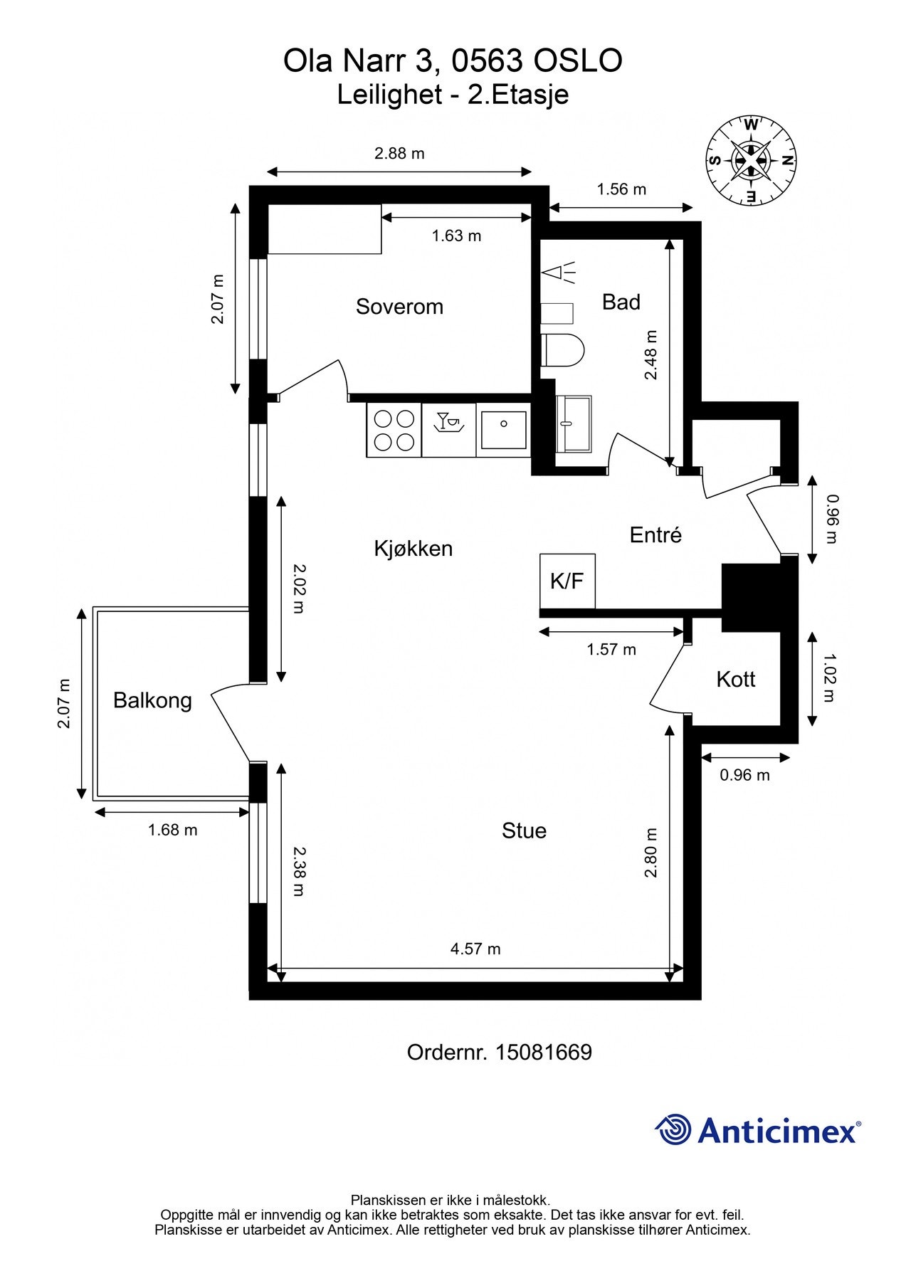 Plantegning med mål. Leiligheten disponerer romslig bod på loft og kjeller. Galleribilde